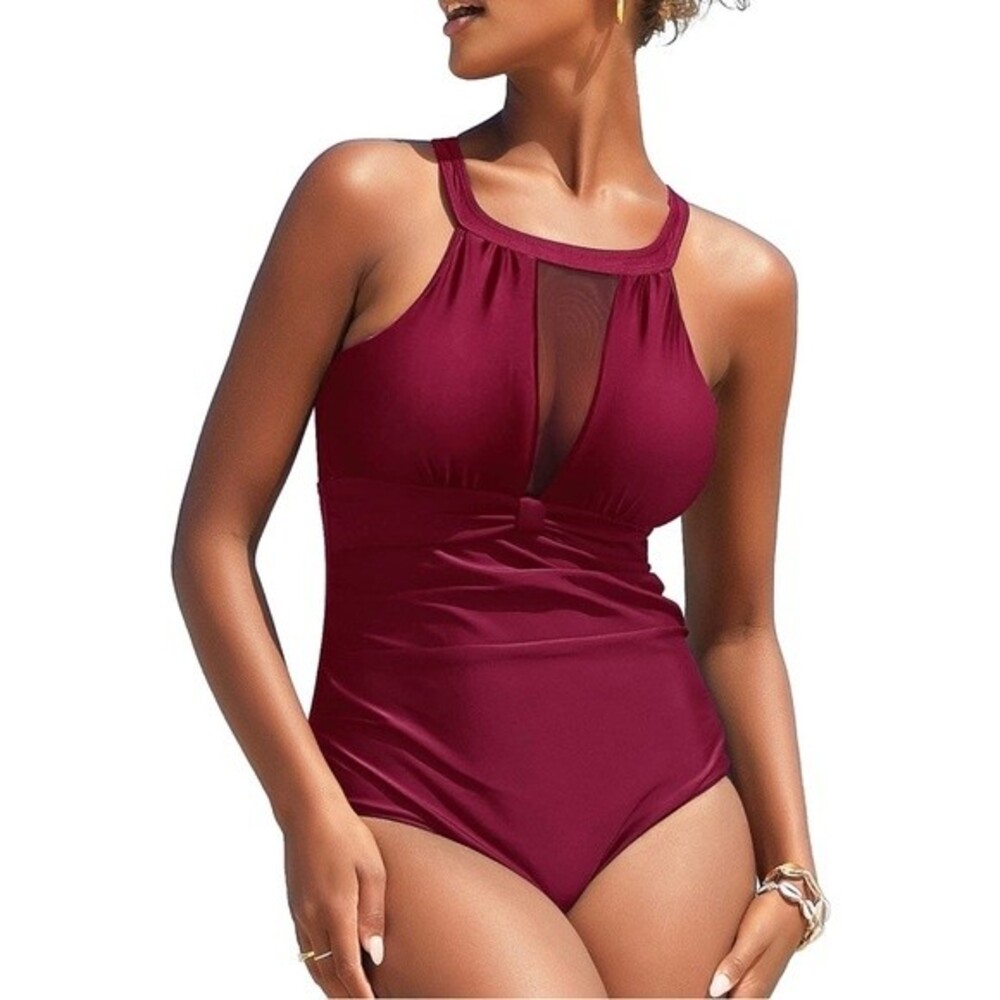 Womens One Piece Swimsuits Mesh V Neck Monokini Bathing Suit Tummy Control Large